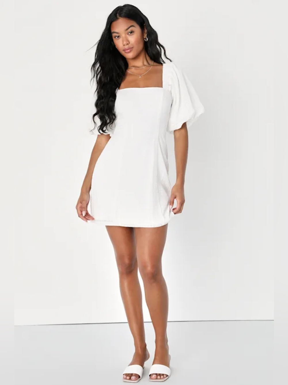 NWT LULUS trolling the Seine White Plaid Burnout Puff Sleeve Mini Dress size M